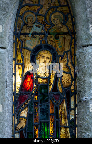 Stained glass seen from outside, St. Leonard`s Church, Thorpe, Derbyshire, England, UK Stock Photo